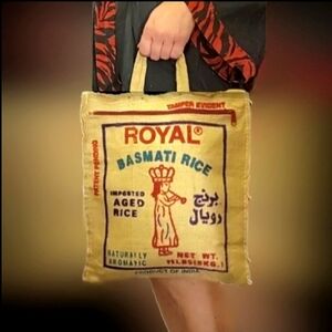Vtg Royal Basmati Rice tan red blue graphics one handle Burlap Tote Bag NWOT
